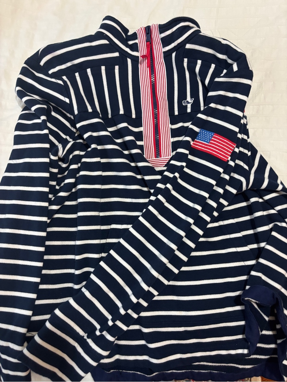 Vineyard Vines Navy & White Striped pullover l with Flag Accent
